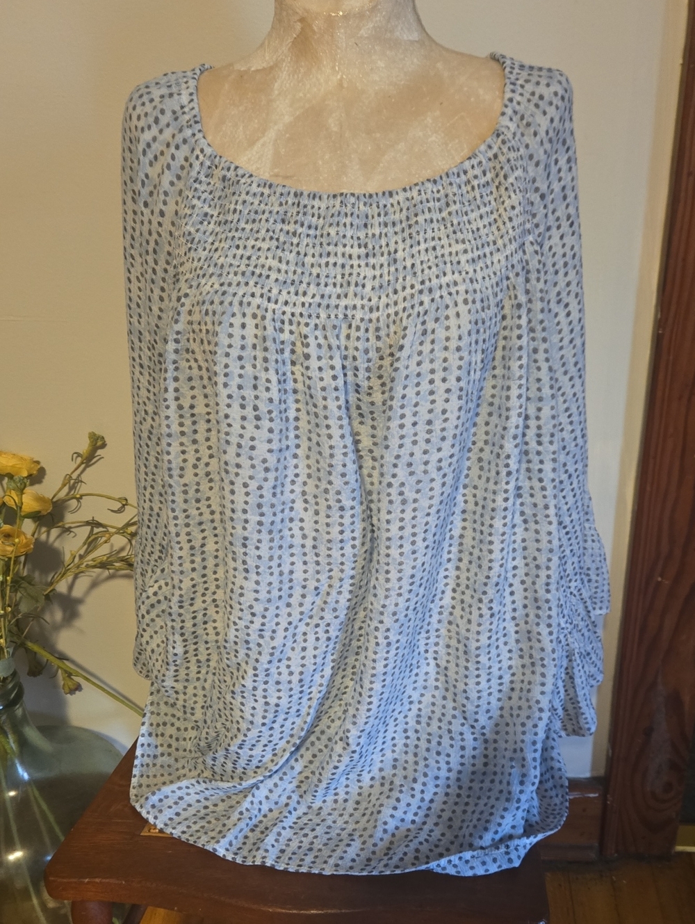 Zac & Rachel Light Blue  Dot Smocked Neck Top Size 1x